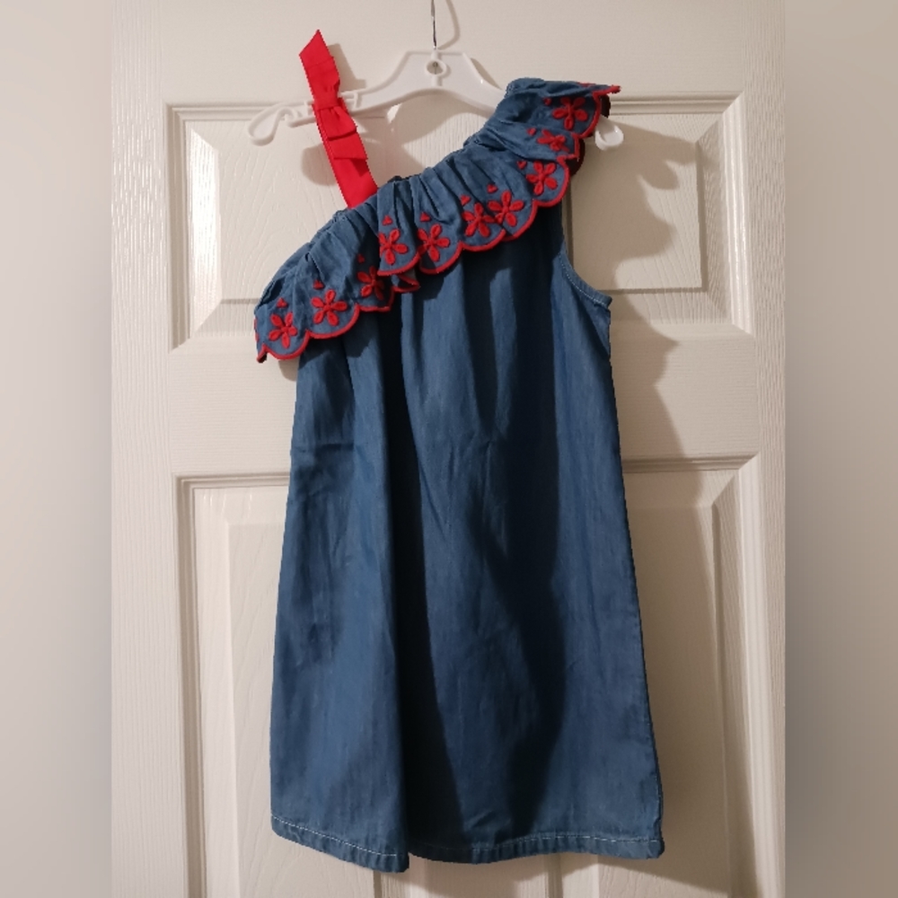 Crown And Ivy Kids Girls 5 Chambray One Shoulder Red Bow Strap Dress	 EUC